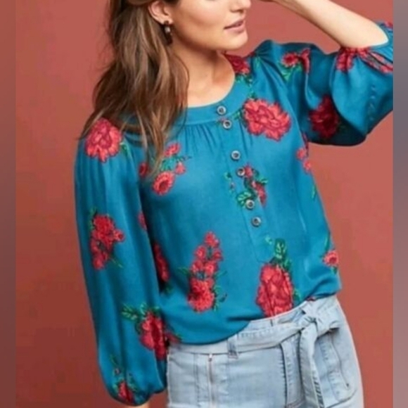 Maeve Anthropologie Teal Floral Button Down Blouse in Medium - Picture 1 of 7